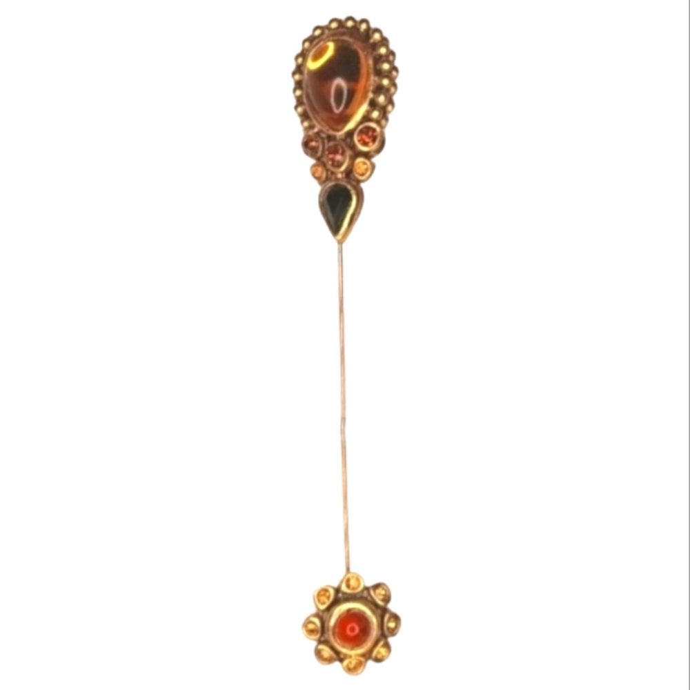 Vintage French Multi-Stone Orange Amber Black Glass 5" Gold Tone Stick Pin